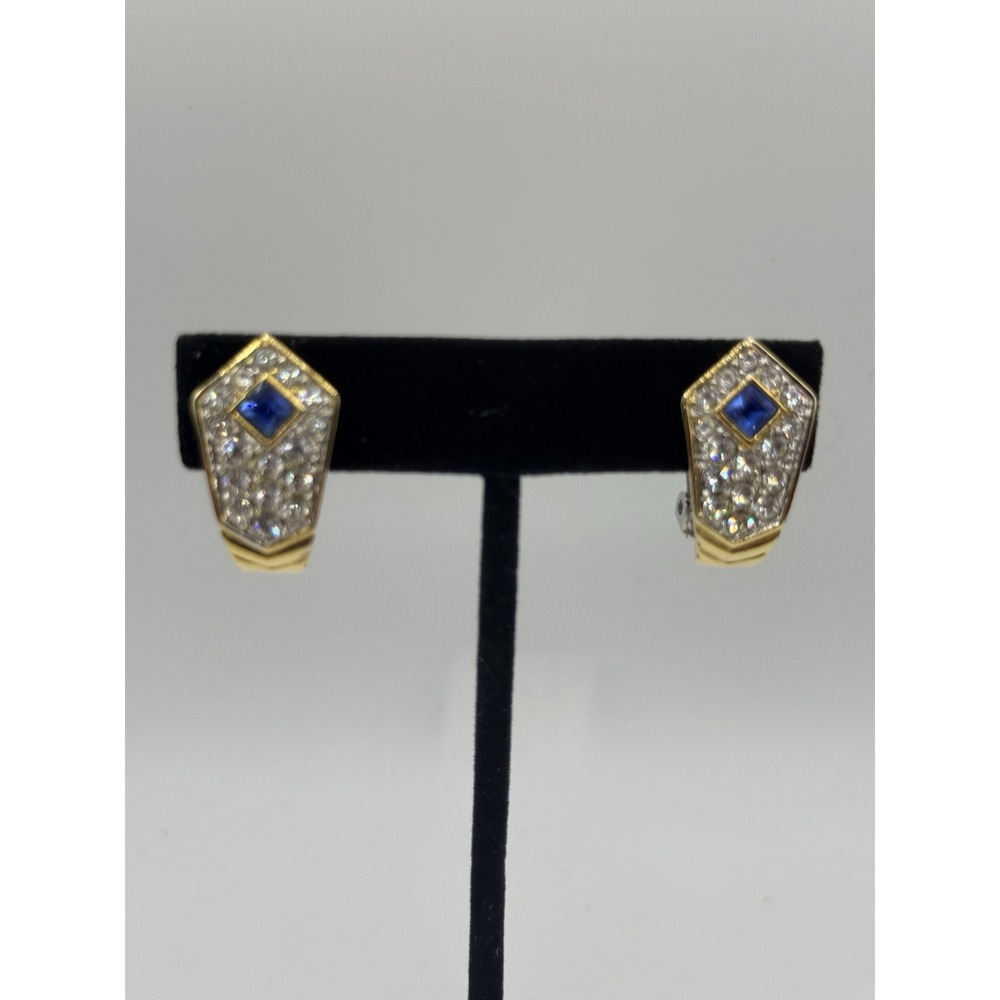Vintage Rhinestone Clip‎ On Earrings Gold Tone Clear Blue Art Deco Revival